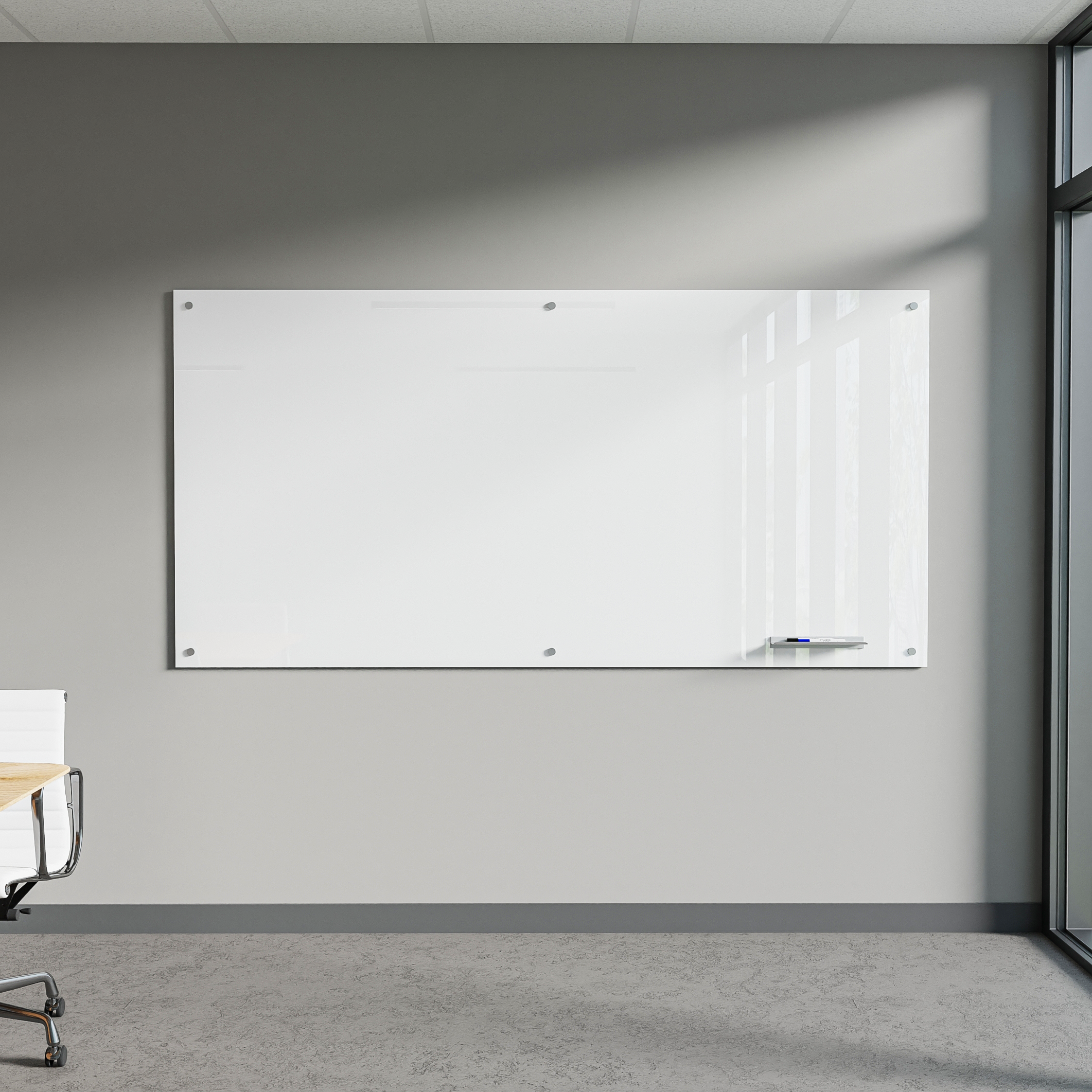 CLA50 Float Glassboard
Mounting Type: Adjustable TruMount
Glass Height: 48"
Glass Width: 60"
Orientation: Horizontal
Glass Specs: 1/4" (6mm) Gloss
Magnetic: Yes
Tempered: Yes
Finish: CBC-100 Pure White
Edgework: Flat Polish